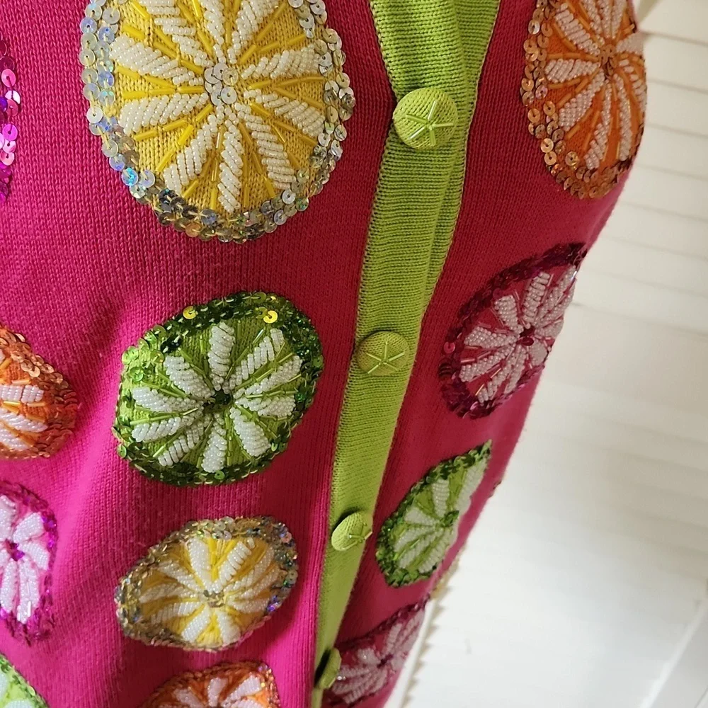 Jack B. Quick VTG 90s Beaded Sequin Cardigan Size M Pink Lime and Orange Holiday - Picture 6 of 10